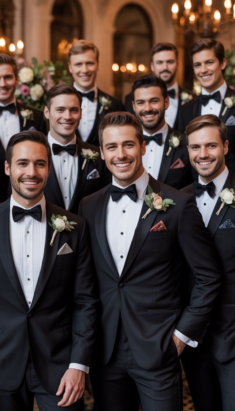 A group of men wearing black tuxedos with bow ties and pocket squares, standing together at a wedding in an elegant setting.