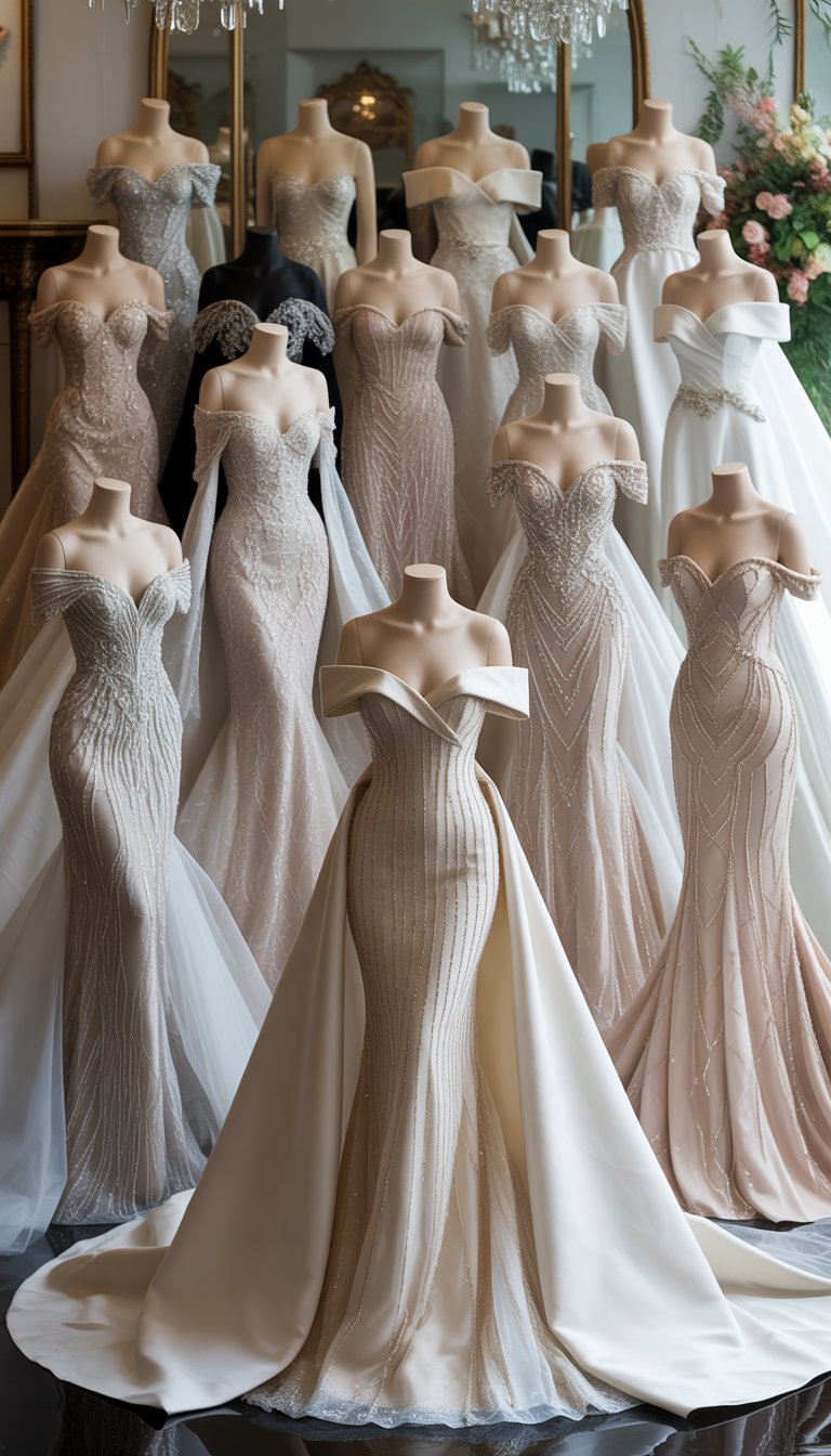 A bridal boutique displaying a collection of off-the-shoulder wedding gowns decorated with sequins and beads, arranged on mannequins with vintage decor in the background.
