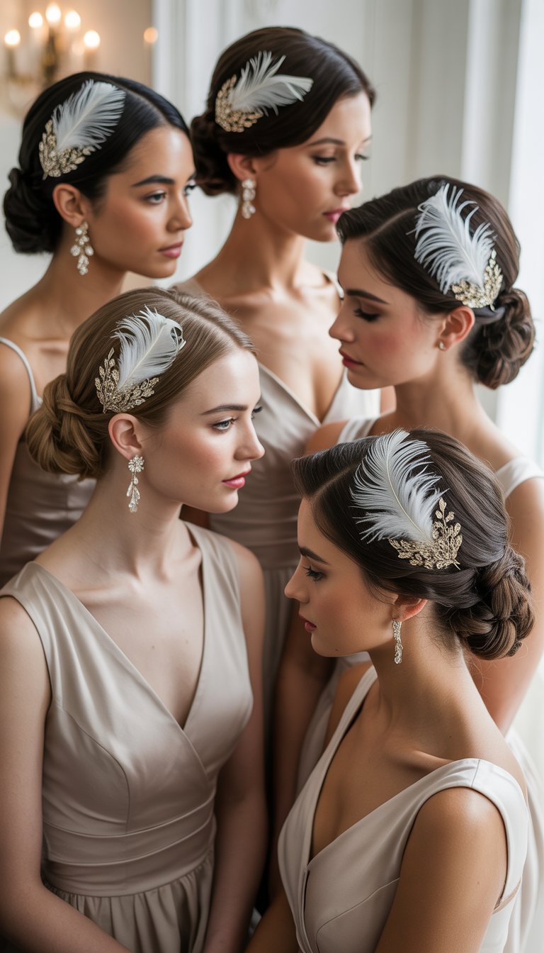 A group of bridesmaids wearing feathered headpieces and vintage hair combs, posing together in elegant dresses.