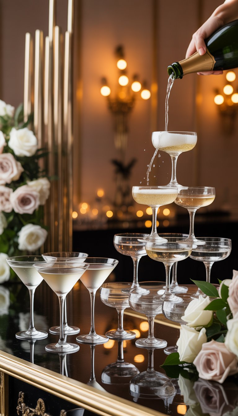 A cocktail hour scene with martinis on a bar and a champagne tower being filled, surrounded by floral decorations.