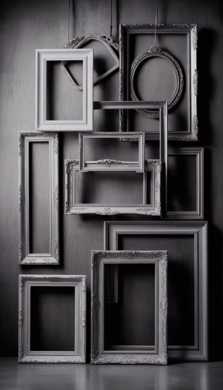 Black and white photo booth with multiple ornate vintage frames arranged on a backdrop, creating a nostalgic wedding scene.