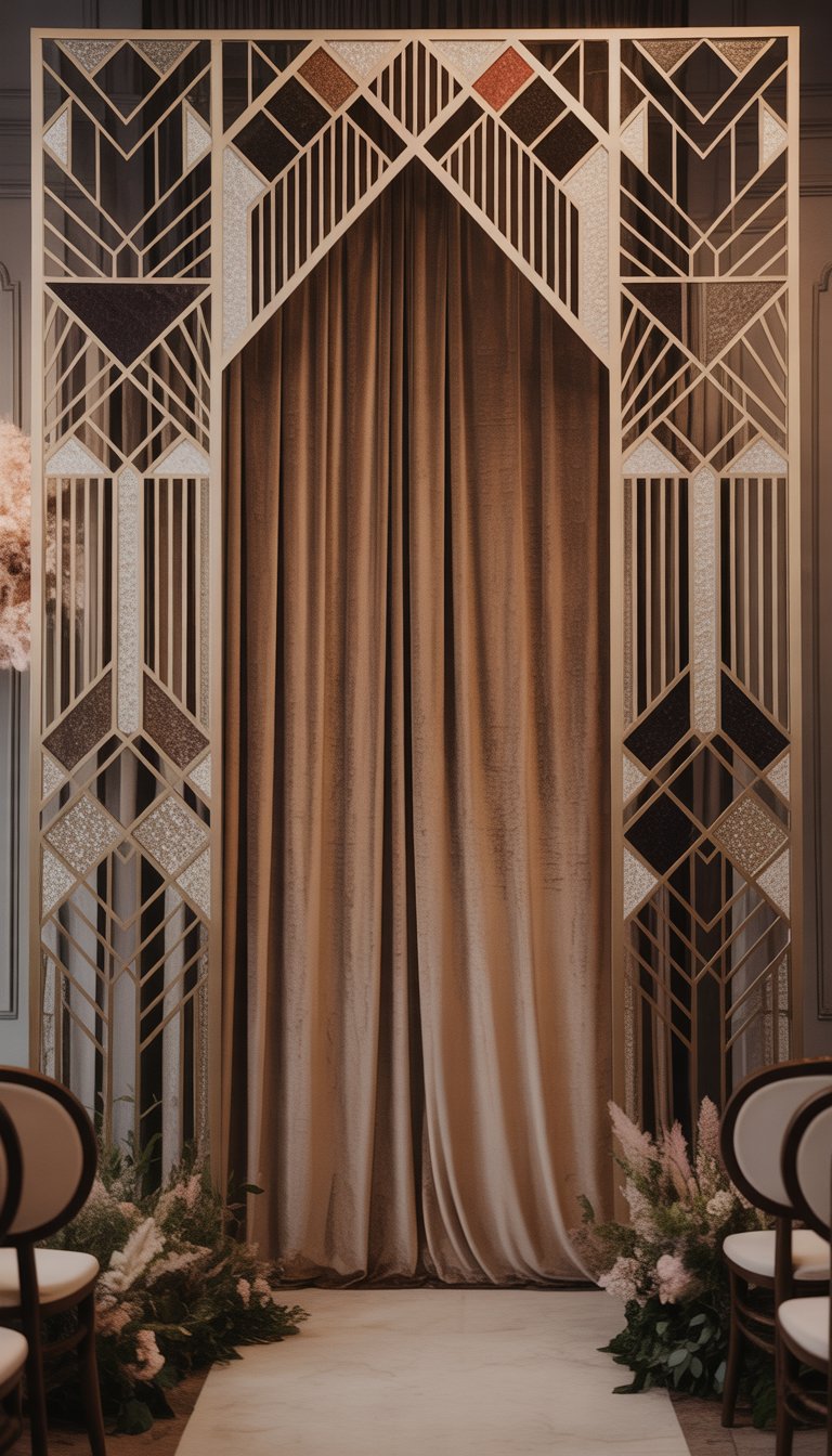 A wedding ceremony backdrop draped with velvet fabric featuring geometric patterns and metallic accents.