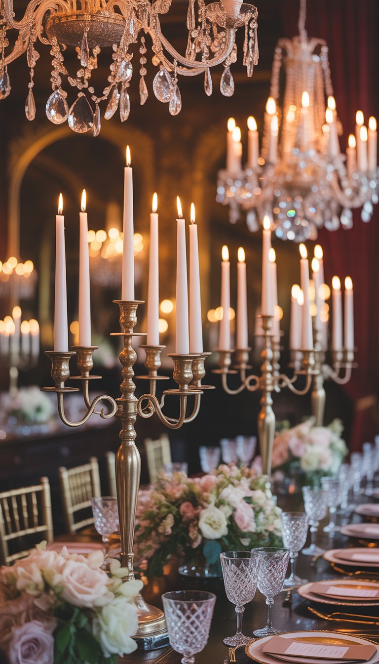 A wedding table decorated with antique candelabras and crystal chandeliers hanging above, set with flowers, fine china, and glassware.