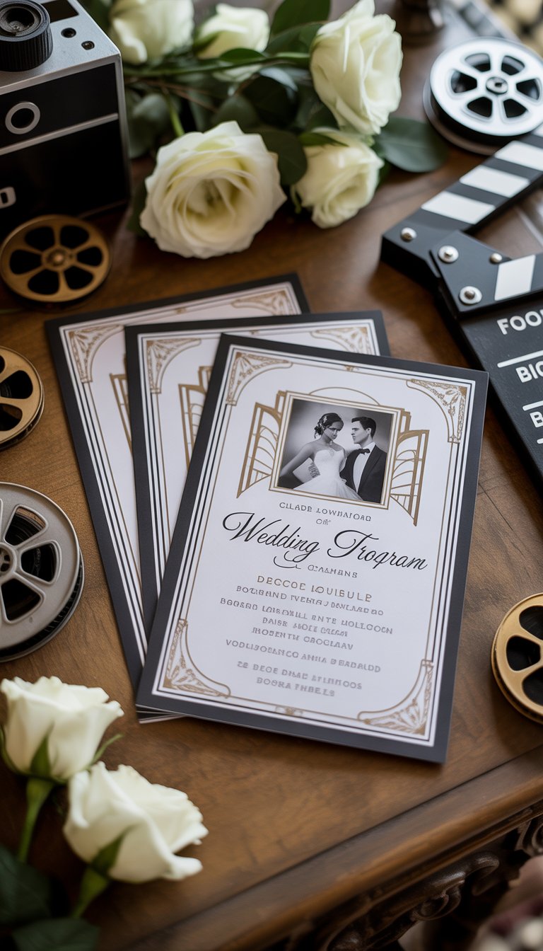 Wedding programs styled like classic movie posters arranged on a wooden table with white roses and vintage film items.
