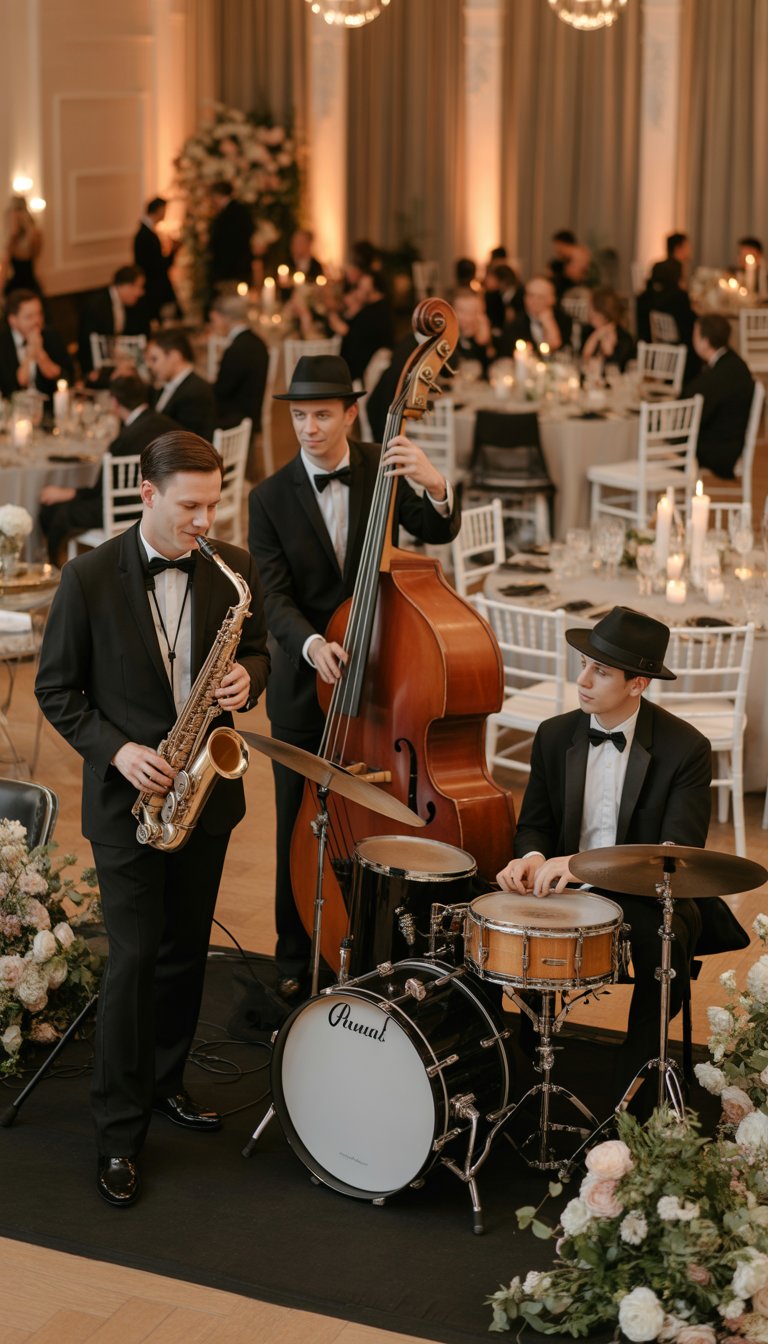 A jazz quartet performing live music at a wedding reception with guests seated at decorated tables.