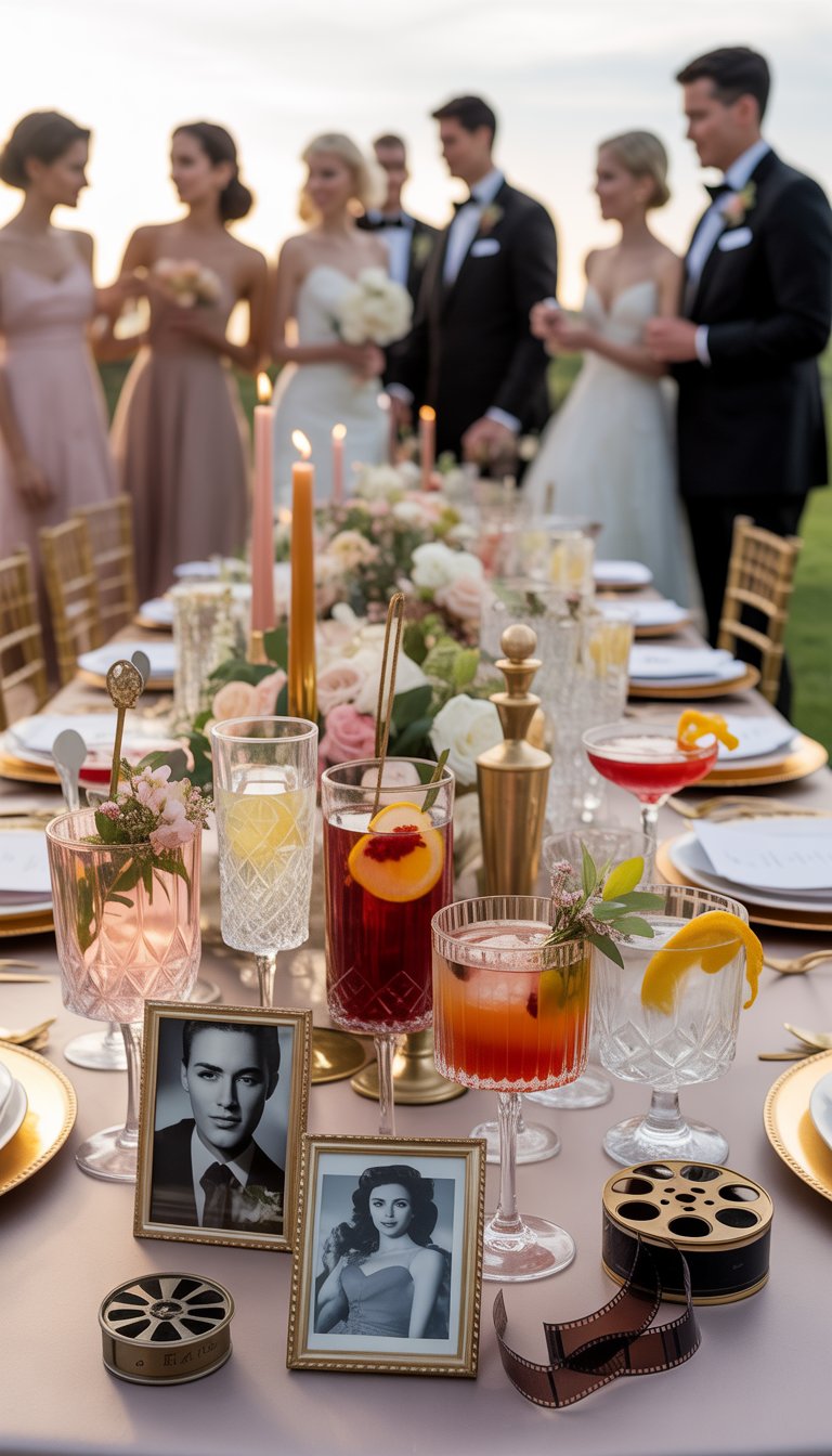 A wedding reception table outdoors with colorful cocktails, vintage Hollywood decorations, and guests dressed in elegant vintage clothing.