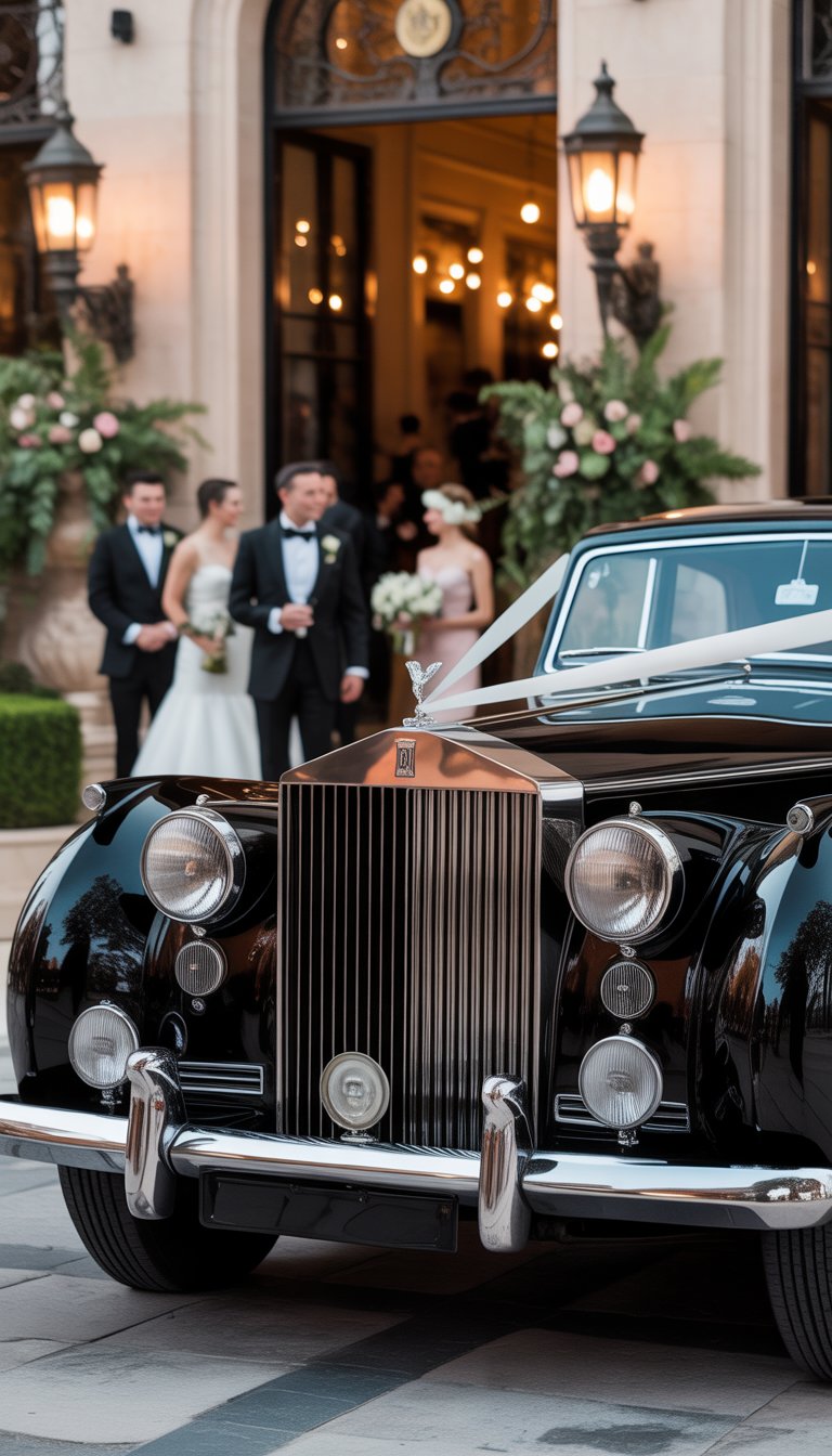 A vintage 1940s Rolls-Royce parked outside a wedding venue with guests and floral decorations nearby.