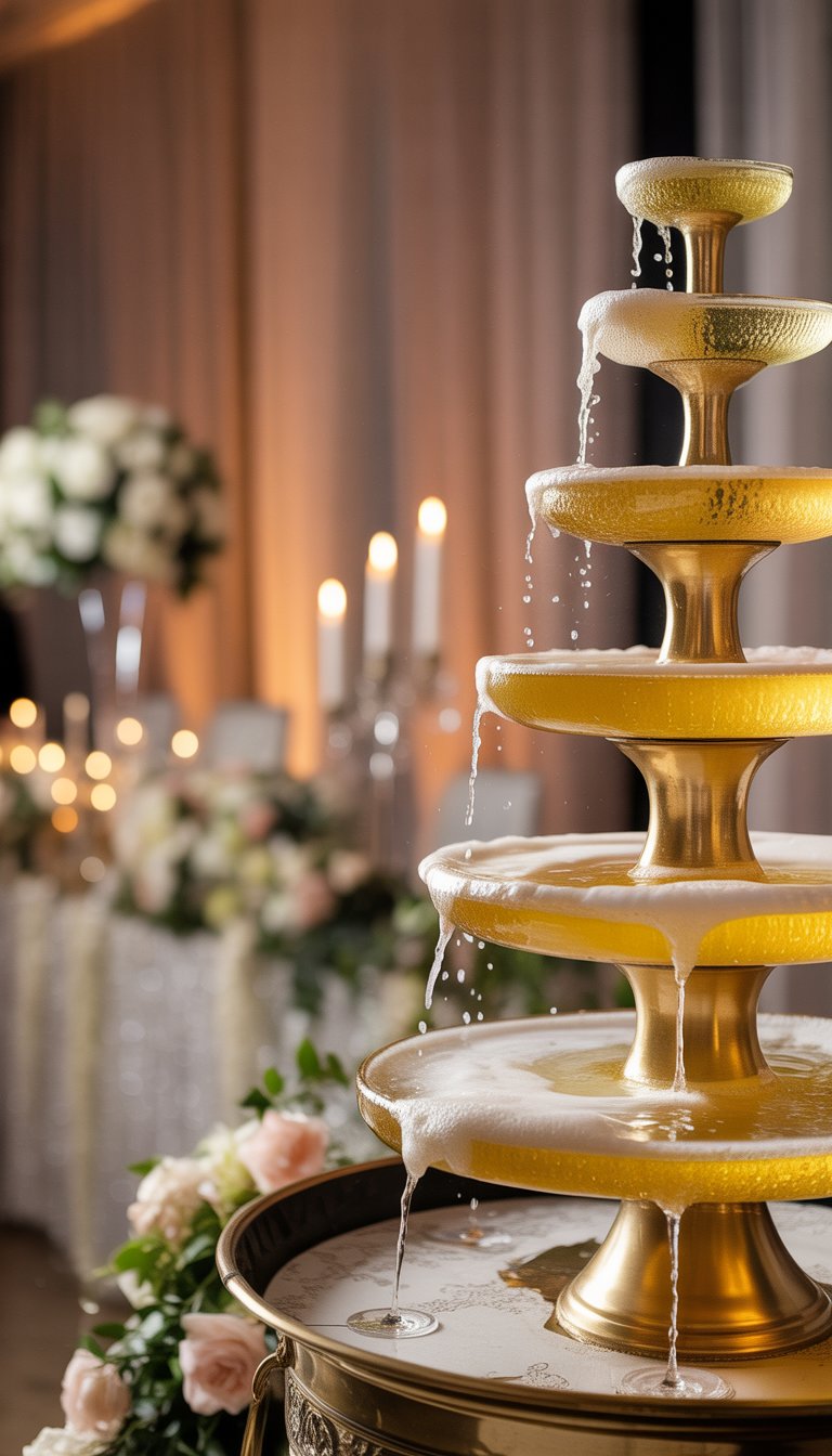 A champagne fountain with bubbles cascading down during a wedding reception.