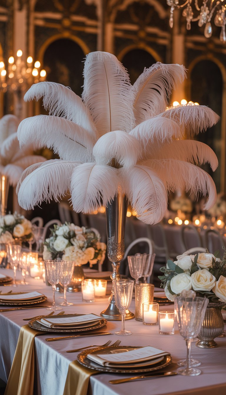 A wedding reception table with tall feather centerpieces in elegant vases surrounded by glassware, candles, and fine table settings.