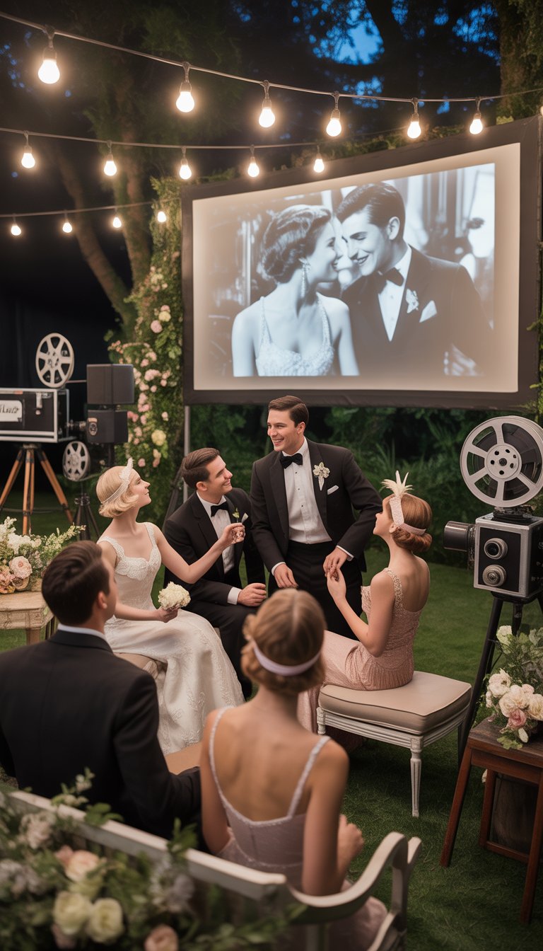 Guests dressed in vintage formal attire watch a black-and-white silent movie on a large outdoor screen at a wedding event decorated with string lights and floral arrangements.