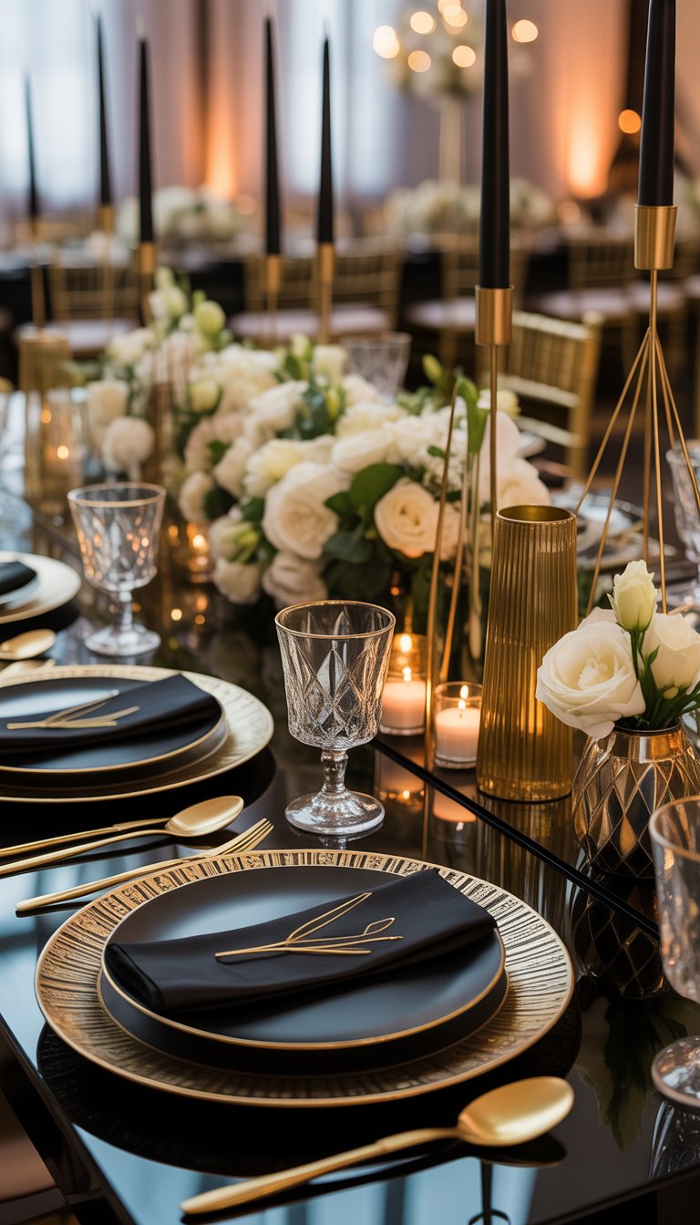 A wedding table set with gold and black plates, gold flatware, black napkins, and geometric floral centerpieces.