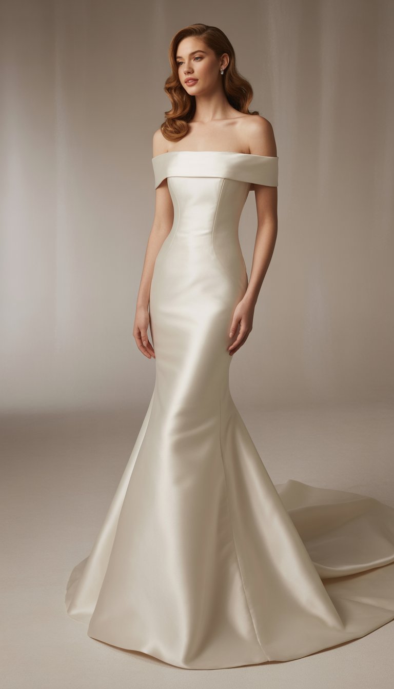 A woman standing in a long satin gown with an off-the-shoulder neckline and a long train.