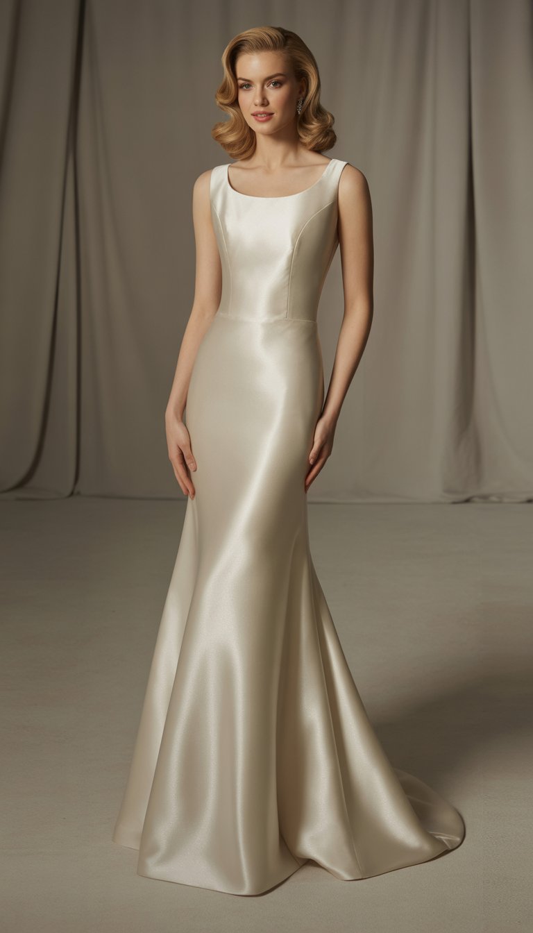 A woman wearing a shimmering silk wedding dress standing in a softly lit studio with a neutral background.