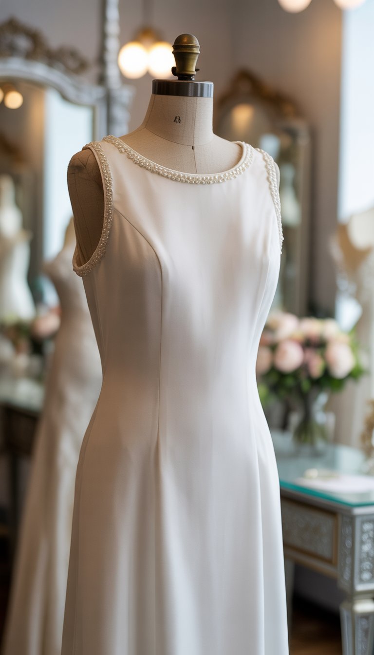 A classic wedding gown with pearl details displayed on a mannequin in a softly lit bridal shop.
