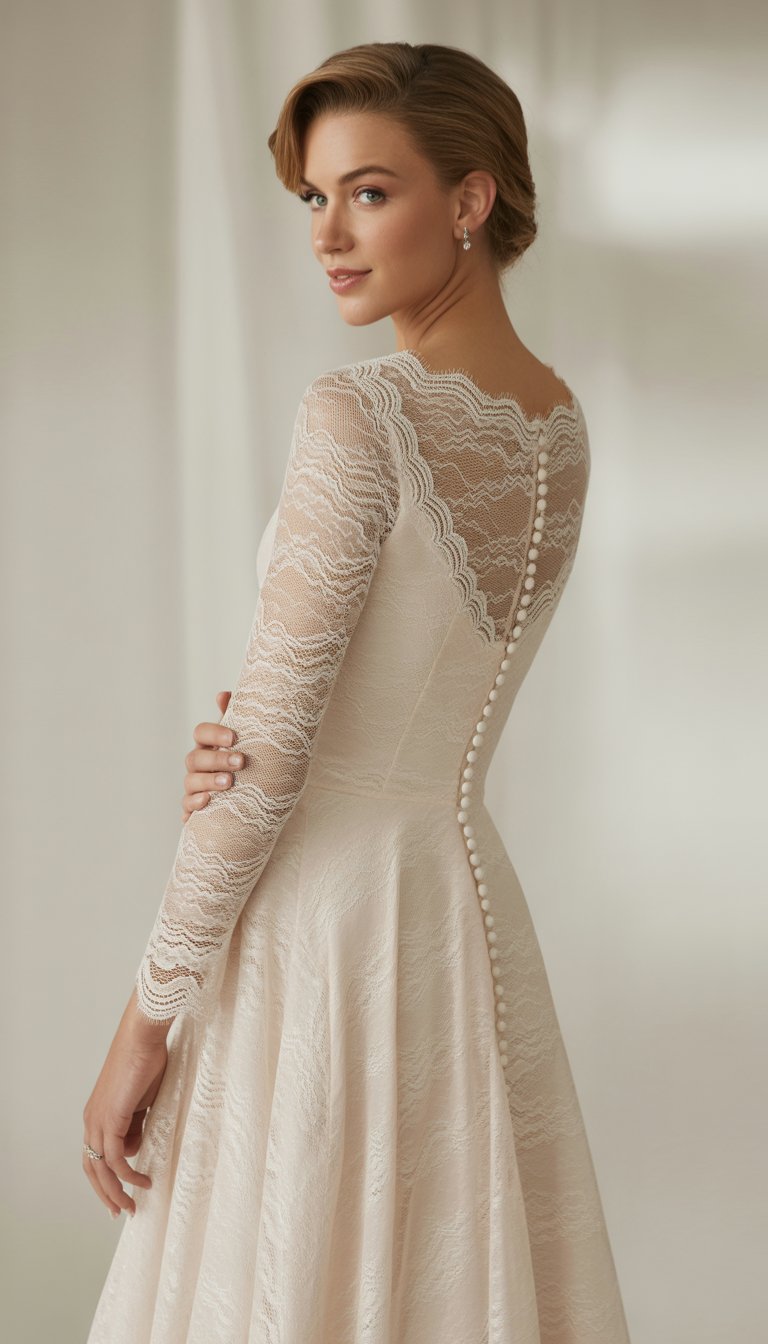 A woman standing in a long sleeve lace wedding dress with scalloped edges and buttons, posing in a softly lit studio.