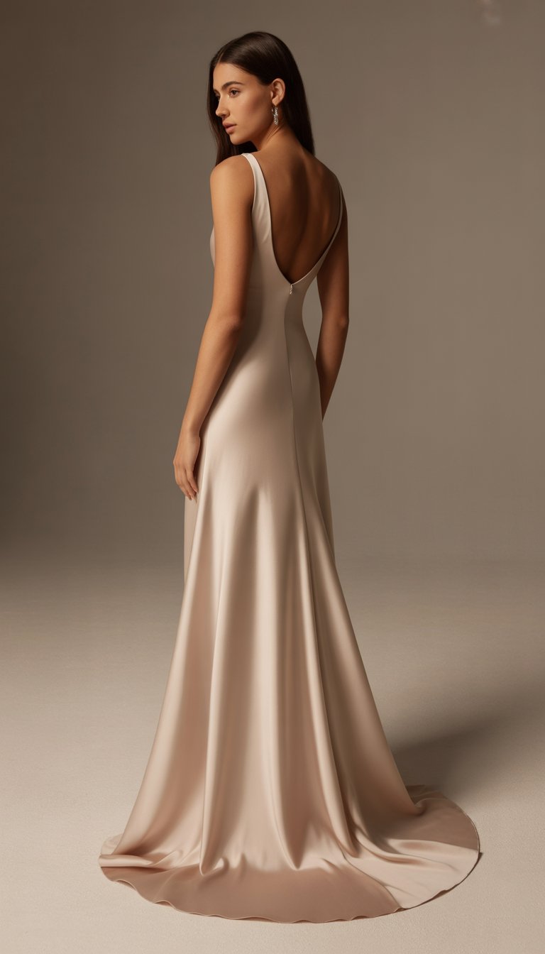 A woman wearing a floor-length champagne gown with a low back, standing in a neutral studio setting.