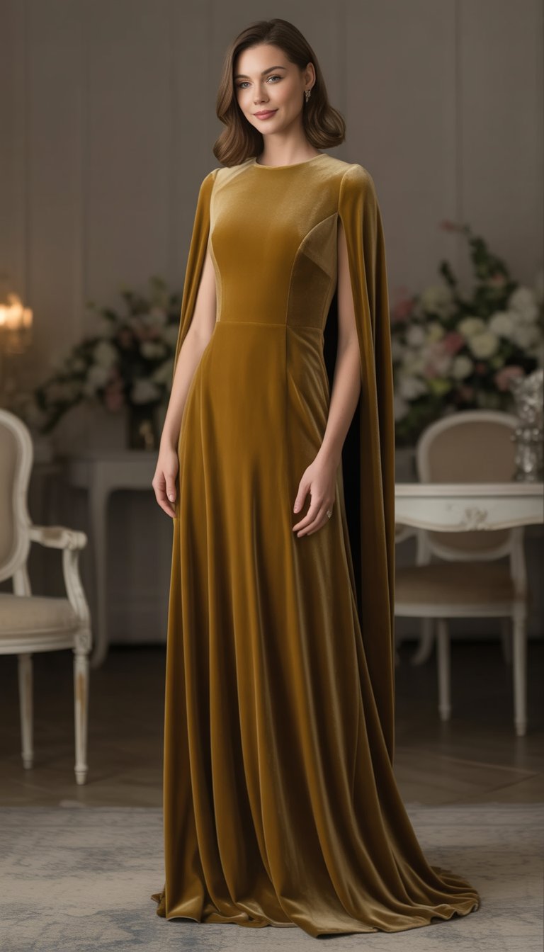 A woman standing indoors wearing a long velvet gown with flowing cape sleeves.
