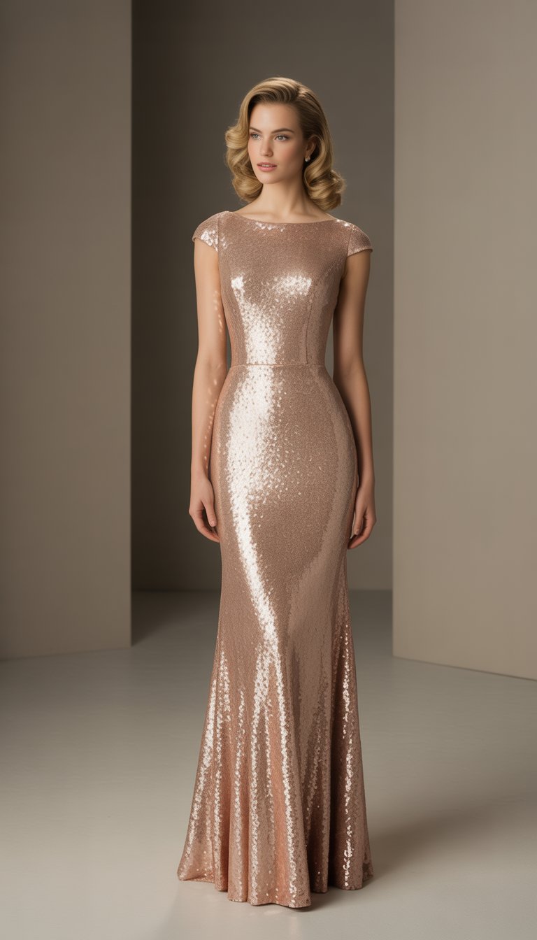 A woman standing in a shimmering rose gold dress with a boat neckline against a plain background.