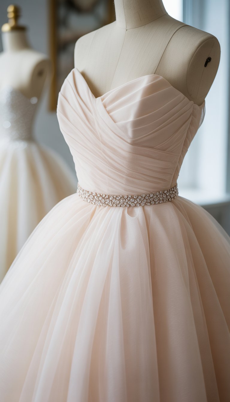 A soft tulle ball gown wedding dress with a ruched bodice and crystal belt displayed on a mannequin in a bright studio.