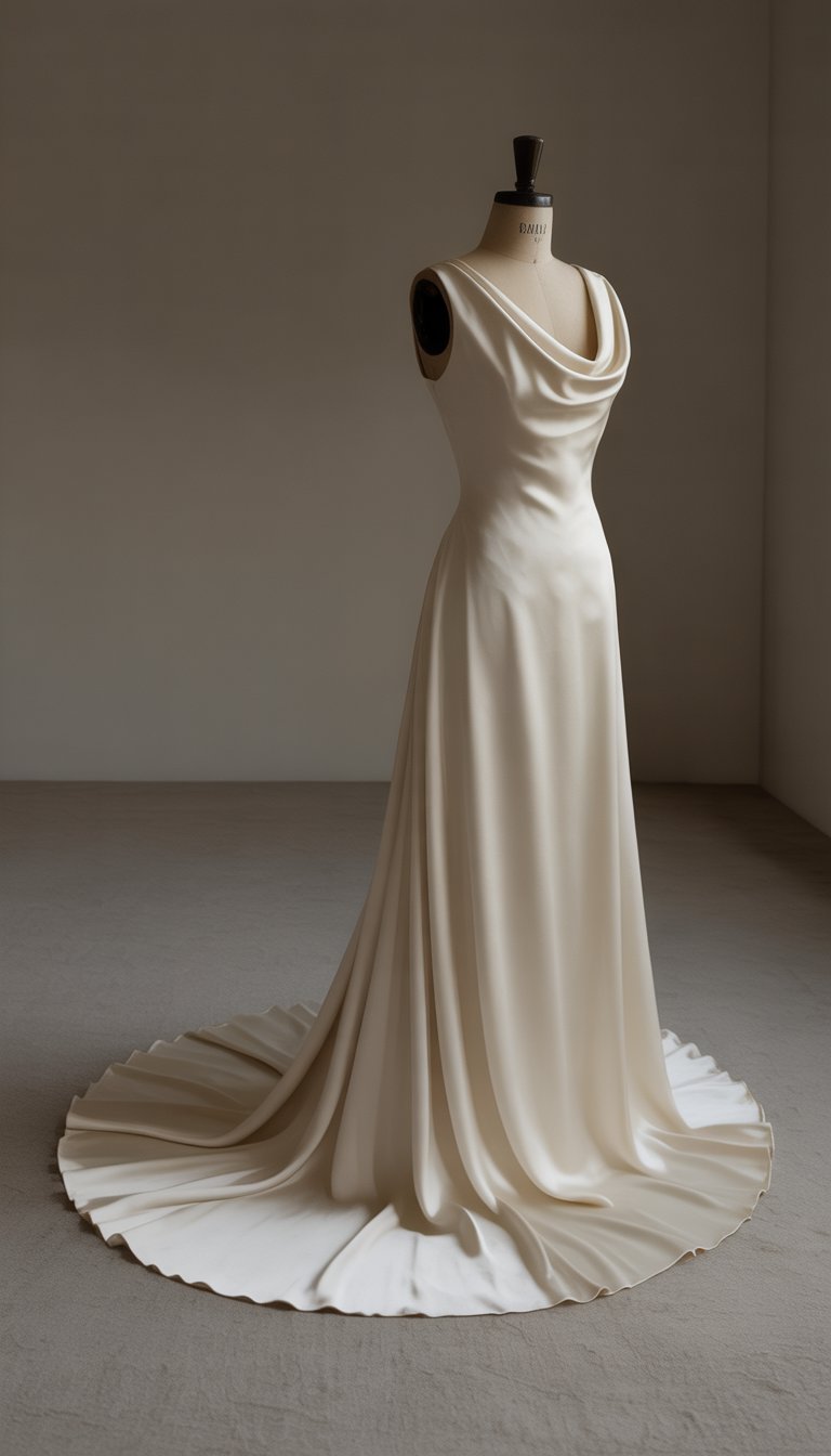 A vintage wedding gown with a cowl neckline and draped train displayed on a mannequin in a simple studio setting.