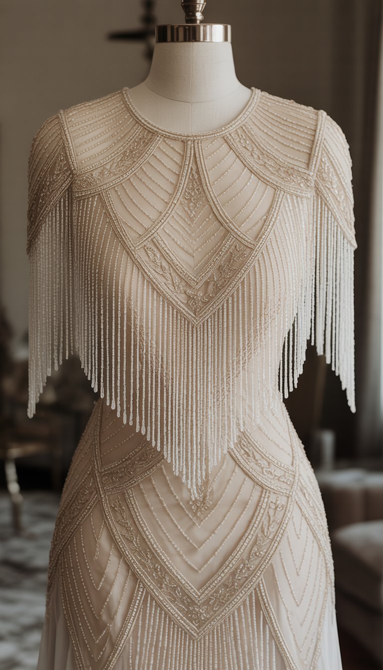 A wedding dress with beaded fringe and geometric patterns displayed on a mannequin in a studio.