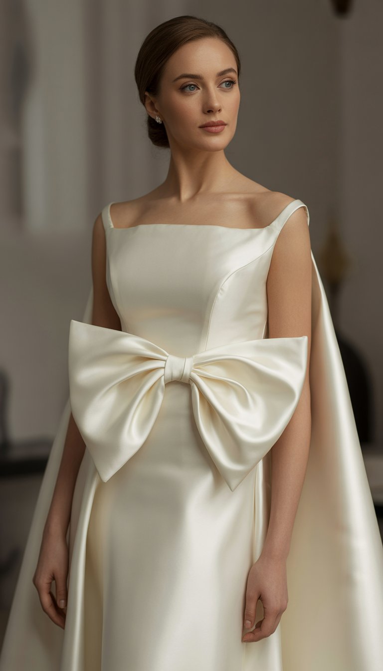 A woman wearing an ivory satin gown with a large bow on the side and flowing sleeves, standing in a softly lit studio.