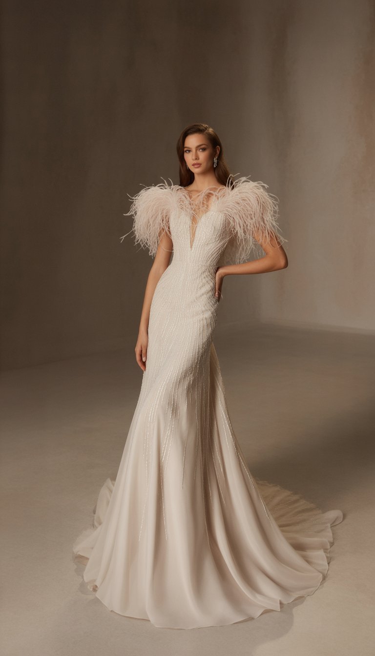 A woman wearing a floor-length wedding gown with feathered shoulders, standing in a studio with soft lighting.