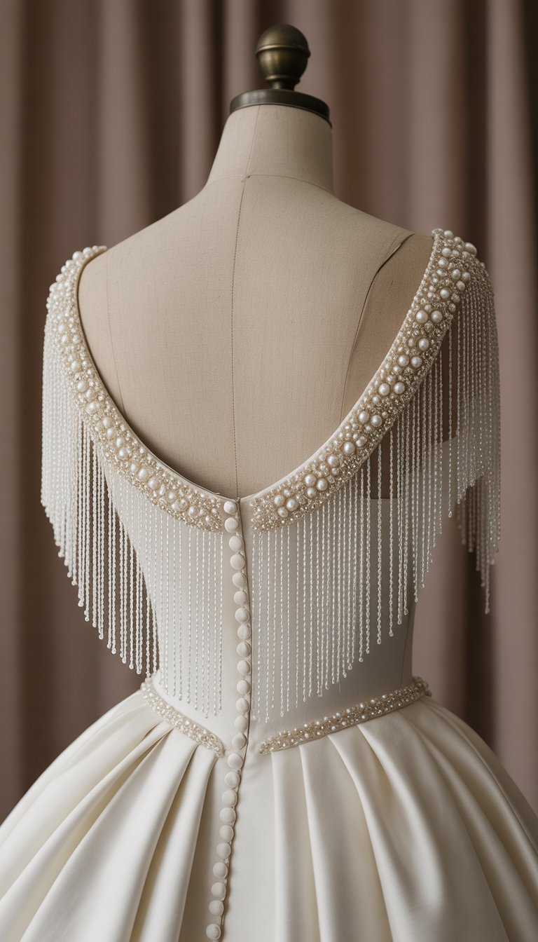 Back view of a wedding gown with detailed pearl and fringe decoration on the back.