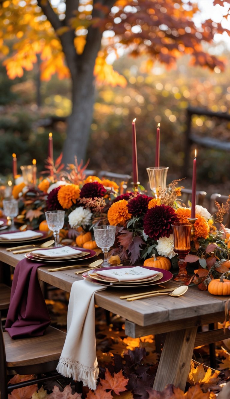 An outdoor wedding table decorated with burnt orange and deep burgundy flowers, candles, and autumn leaves under warm sunlight.