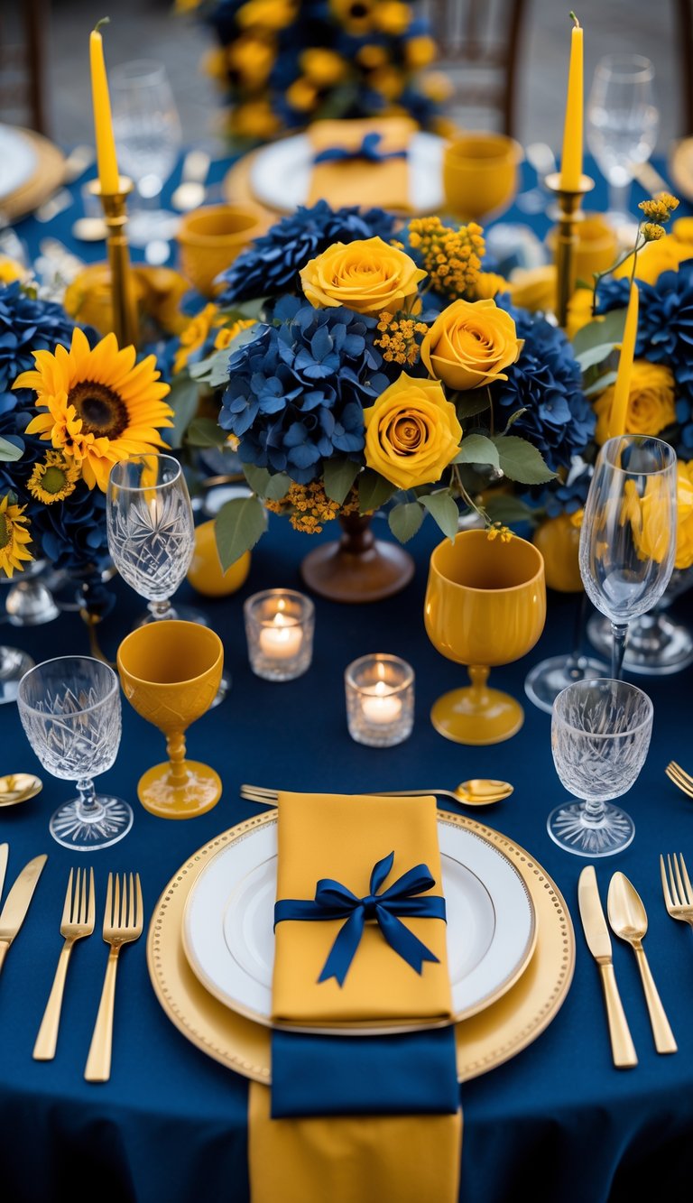 A wedding reception table decorated with mustard yellow and navy blue flowers, linens, and elegant table settings.