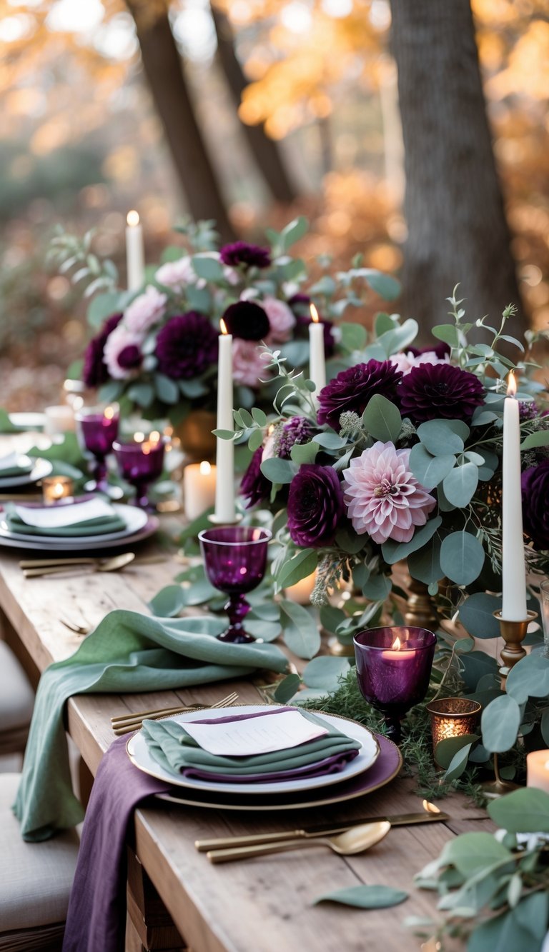A wedding table decorated with plum flowers and sage green foliage outdoors in autumn light.