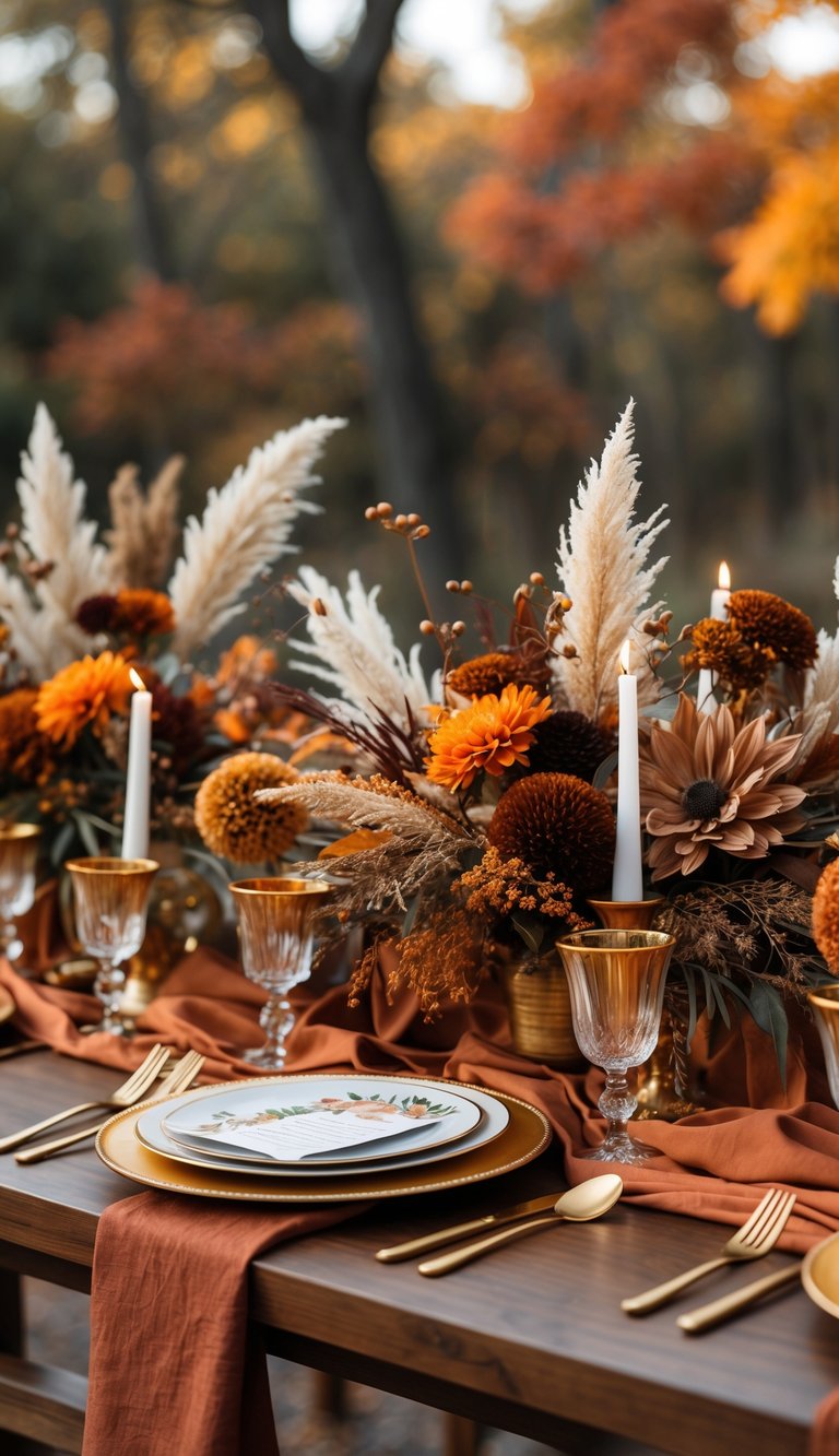 A wedding table decorated with rust-colored linens, gold accents, autumn flowers, and warm lighting.
