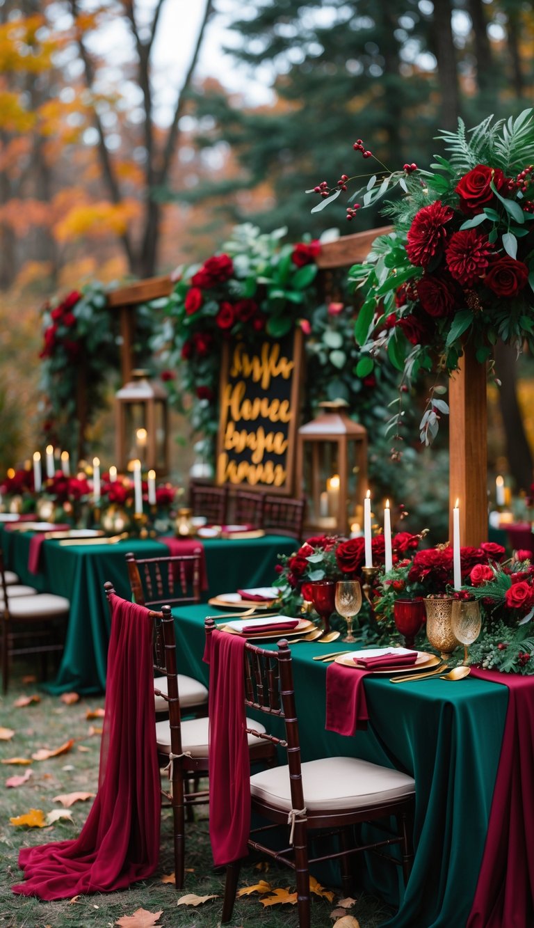 An outdoor wedding setup with deep red flowers and forest green decorations surrounded by autumn trees.
