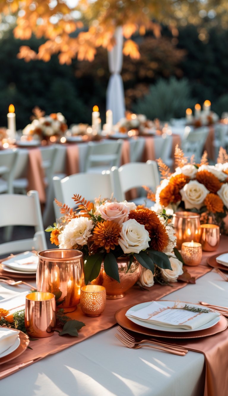An outdoor wedding reception with tables decorated in cream linens and copper accents, featuring autumn flowers and candlelight surrounded by fall foliage.
