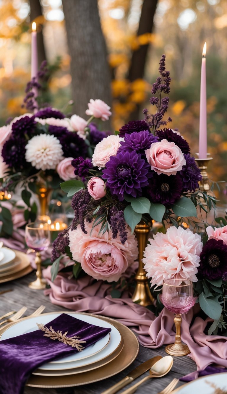 A wedding table decorated with deep purple and blush pink flowers, velvet napkins, satin ribbons, and gold candle holders set against an autumn background.