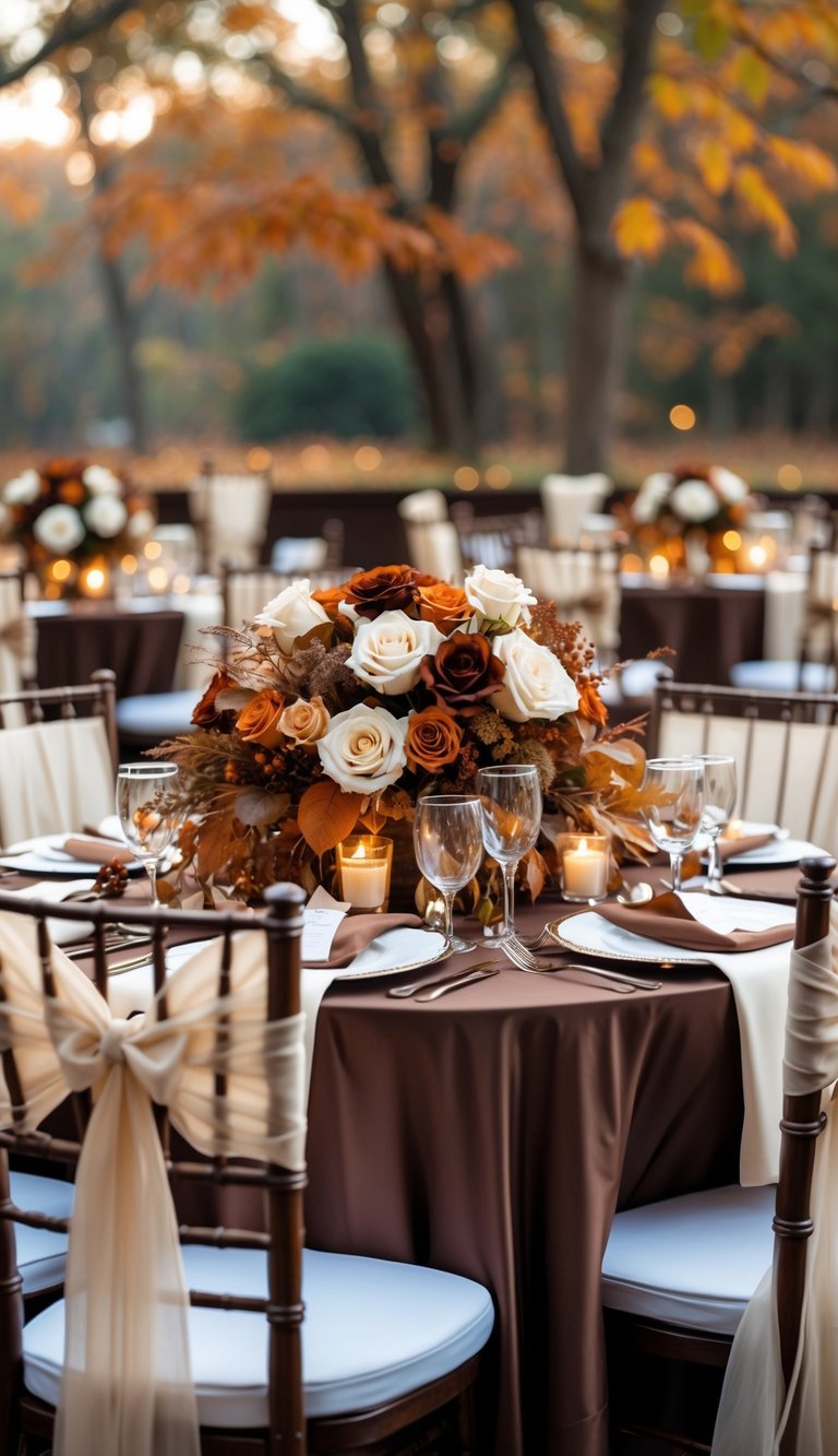 A wedding table decorated with chocolate brown and ivory colors, featuring flowers, candles, and autumn leaves in an outdoor setting.