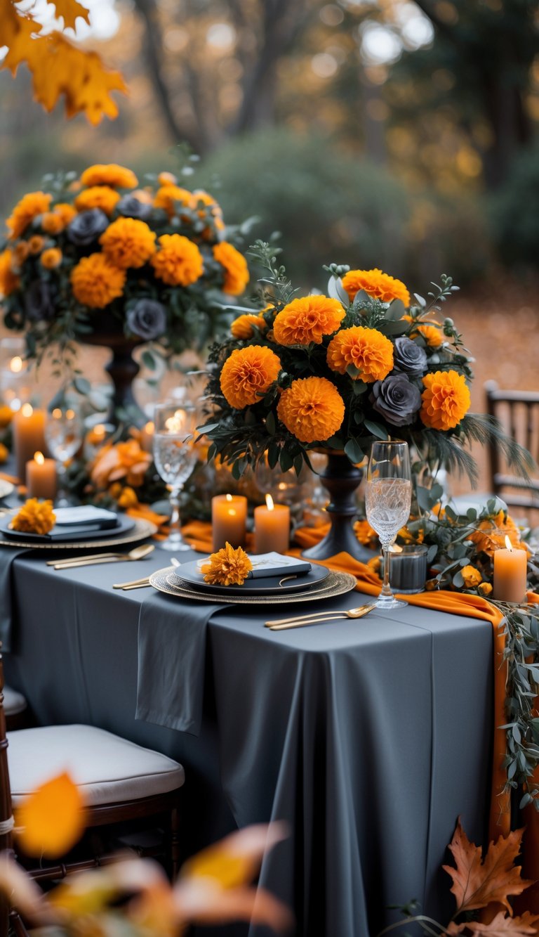 A wedding table decorated with marigold flowers and charcoal gray accents, featuring candles, glassware, and autumn leaves.