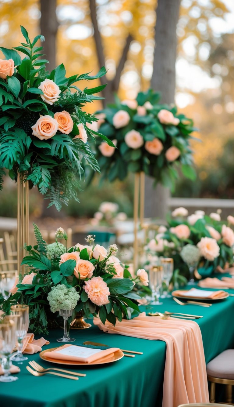 A wedding setup featuring emerald green leaves and soft peach flowers with tables decorated in matching colors and bridesmaids holding bouquets.