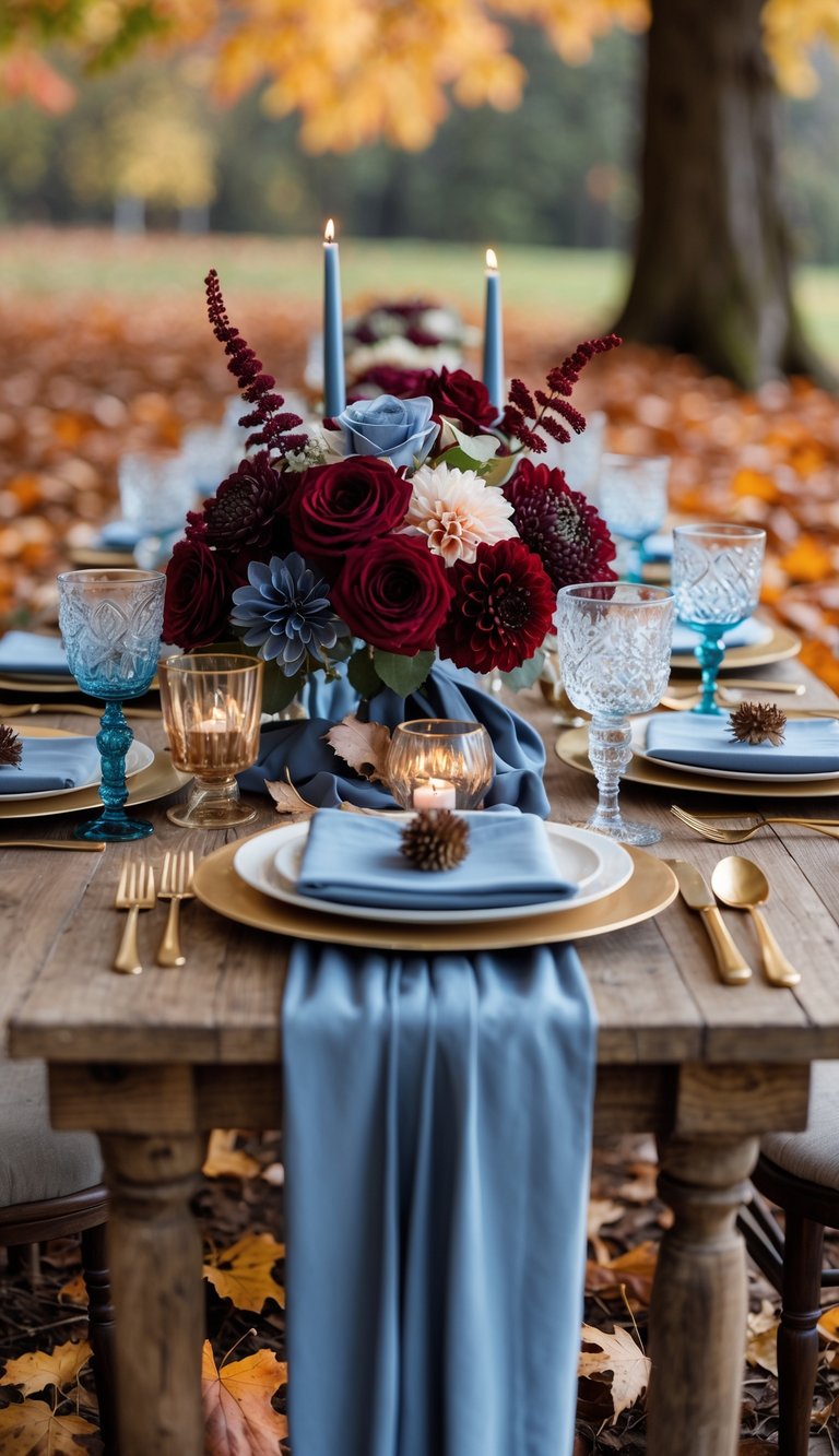 A wedding table decorated with wine red flowers and dusty blue accents set outdoors surrounded by autumn leaves.