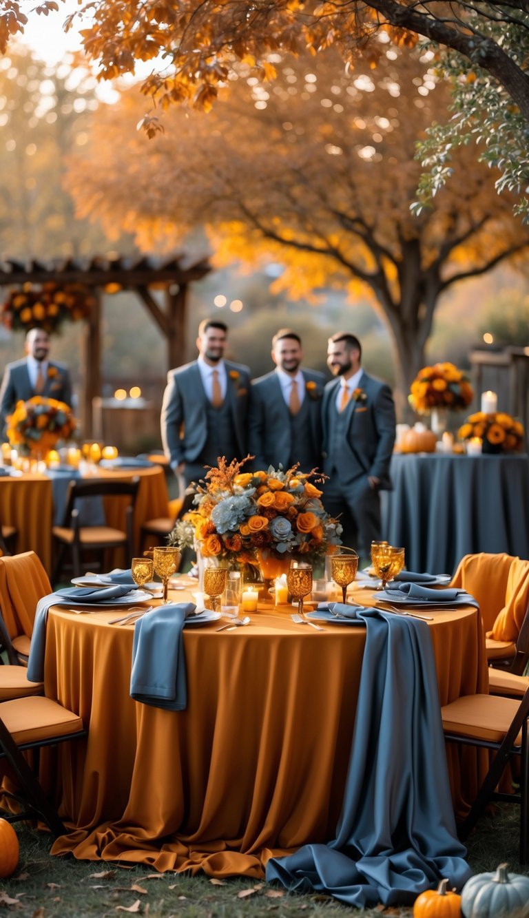 An outdoor wedding reception in autumn with tables decorated in amber and slate colors, floral centerpieces, and guests dressed in matching attire surrounded by fall foliage.