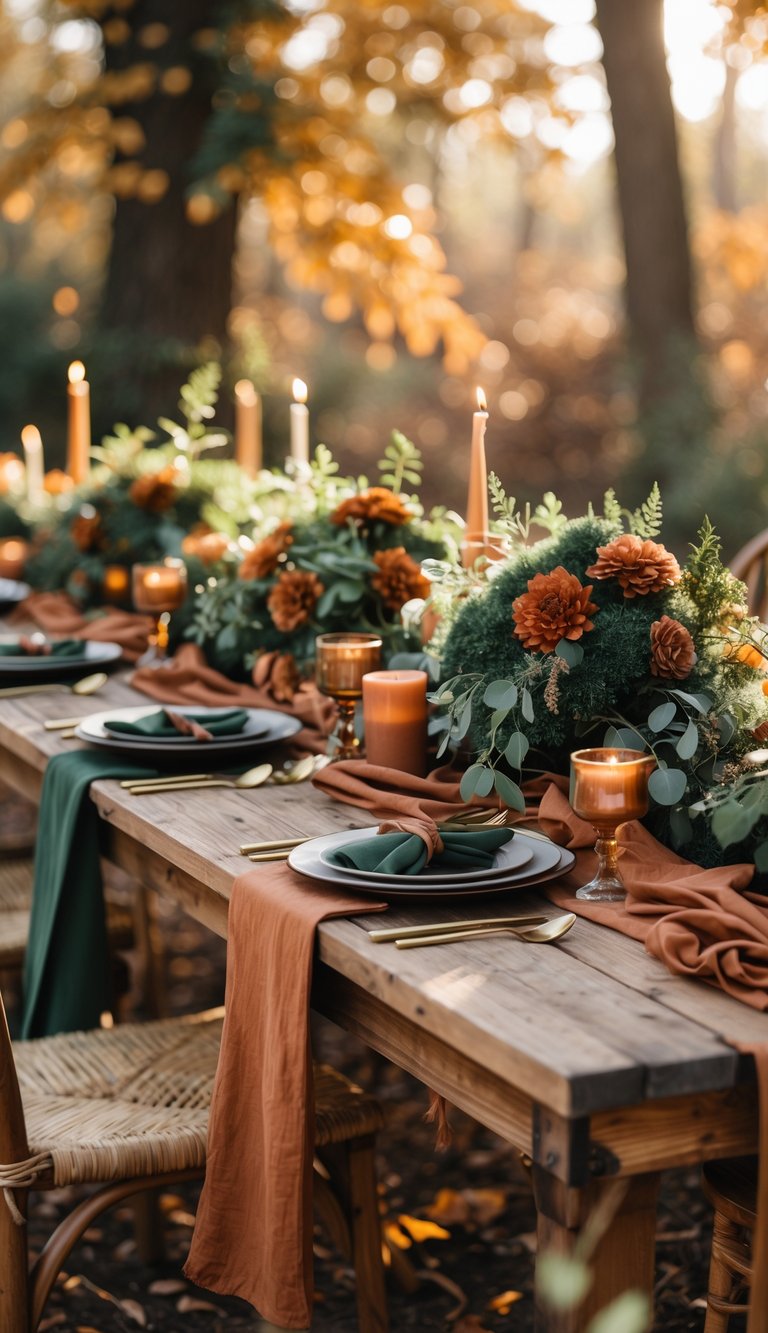 A wedding table decorated with moss green foliage and terracotta flowers outdoors in autumn light.