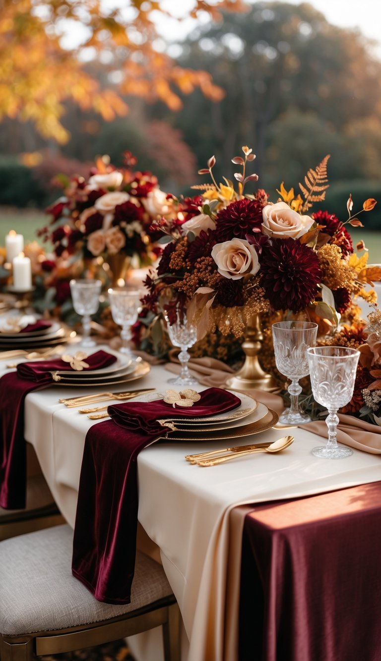 An outdoor wedding table decorated with mahogany and champagne colors, autumn leaves, flowers, and candles creating a warm and elegant atmosphere.