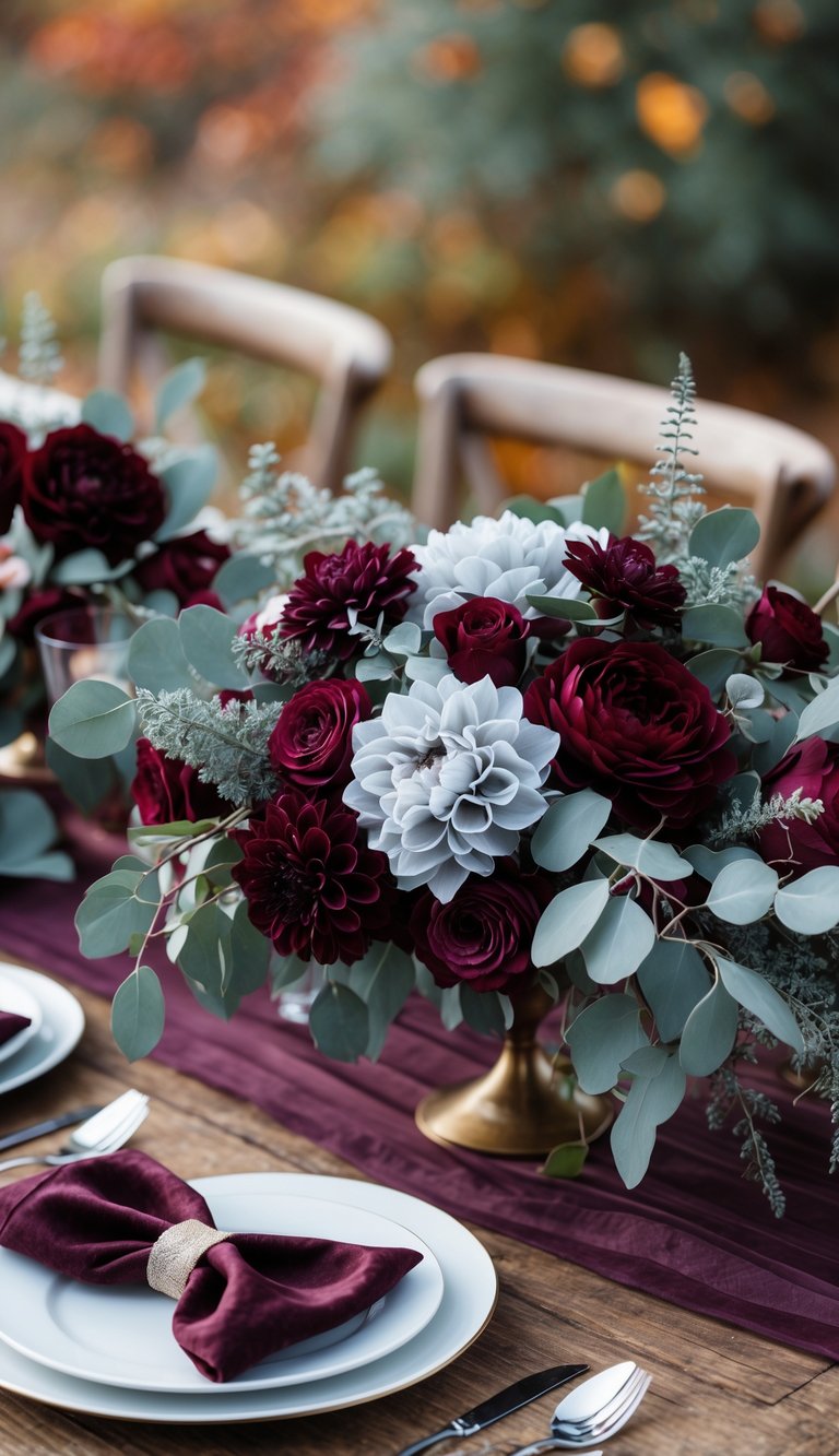A wedding table decorated with burgundy flowers and soft gray greenery, set with gray napkins and silverware on a wooden table.