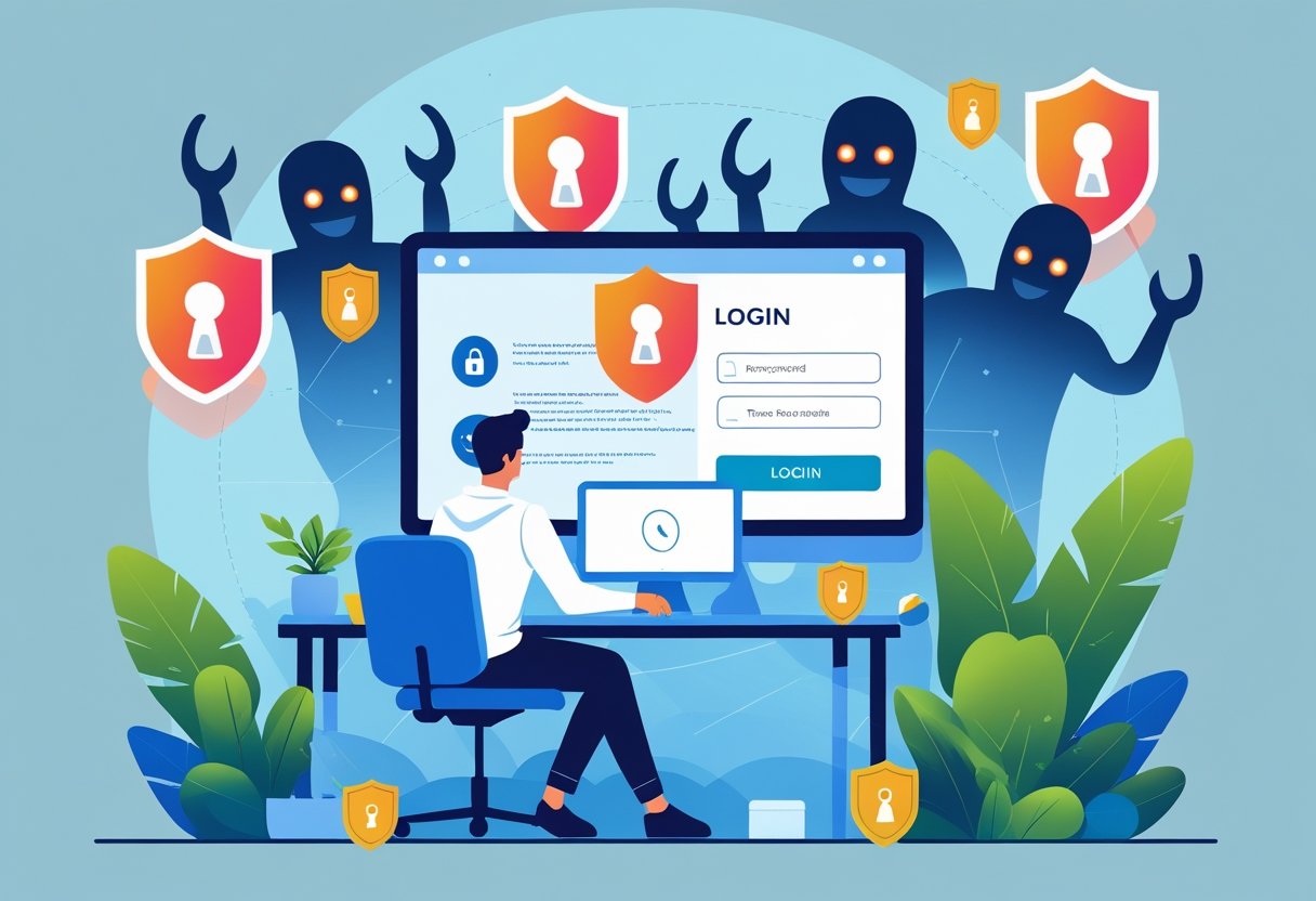 Pessoa sentada em uma mesa usando um computador, cercada por elementos de segurança digital como escudos e cadeados, enquanto ganchos de phishing são bloqueados por barreiras protetoras.