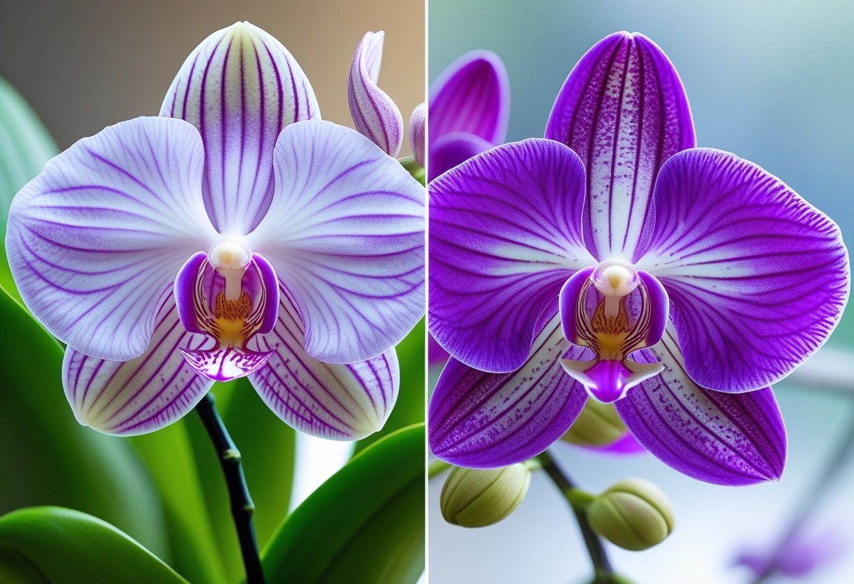 Close-up of two orchid flowers side by side, one Miltonia and one Miltoniopsis, with green foliage in the background.