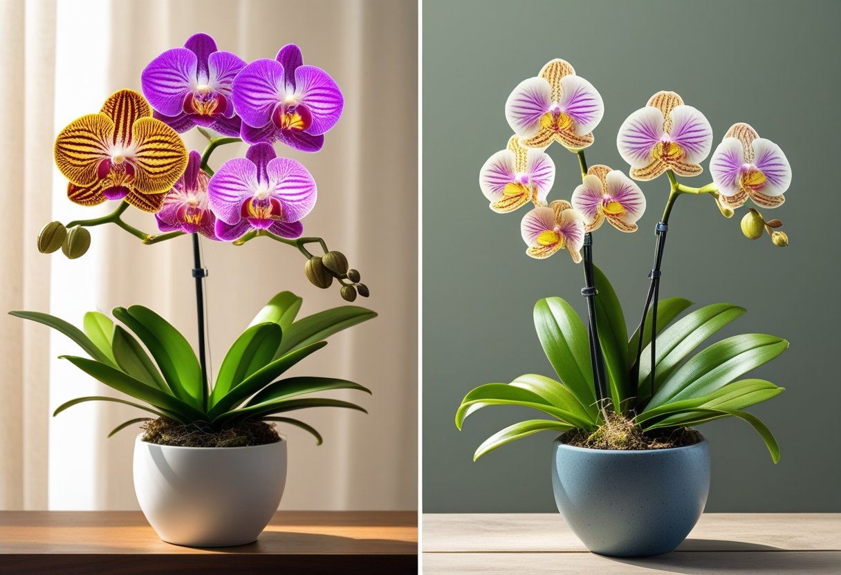 Two different orchids, Miltonia and Miltoniopsis, displayed side by side in pots with green leaves on a wooden surface. Miltonia vs Miltoniopsis