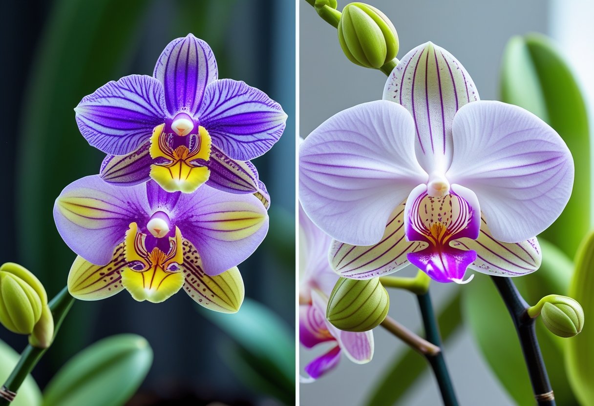 Close-up of two different orchid flowers side by side, one Miltonia and one Miltoniopsis, showing their distinct shapes and colors against a blurred green background.