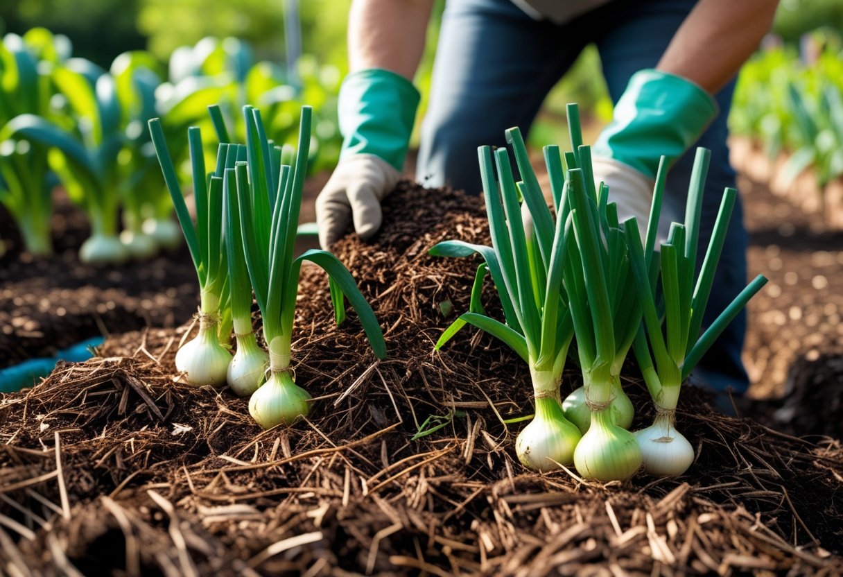 Hands spreading mulch around green onion plants in a garden bed.