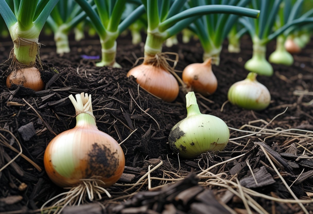 Close-up of onions growing in a garden bed with mulch, showing some onions with signs of rot and yellowing leaves. Should You Mulch Onions
