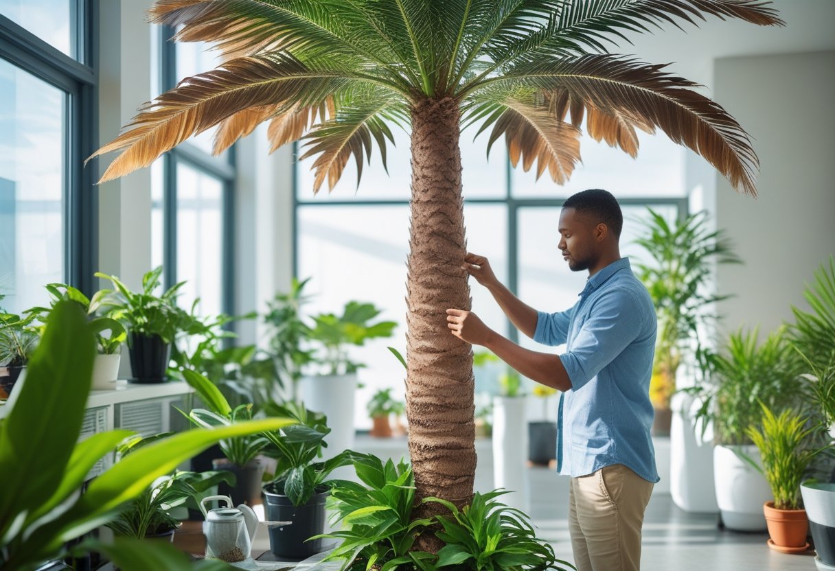 A person inspecting brown leaves on a tall indoor palm tree in a bright, modern room with other green plants nearby. Palm Tree Leaves Turn Brown